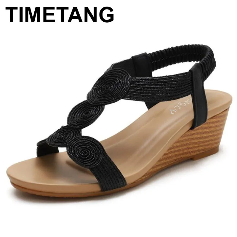 

TIMETANGRoman Slope Heel Sandals Summer New Style With Comfortable Casual Large Size Women's Shoes Mid-Heel Bohemian Leathershoe