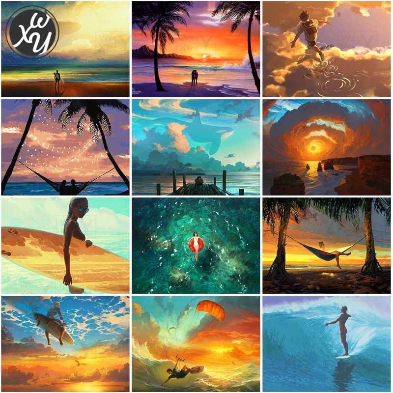 

Full Drill Painting Kits Sunset Scenery Diamond Art Mosaic Sea View 5D Round Square Rhinestones Stitch Embroidery for Home Decor