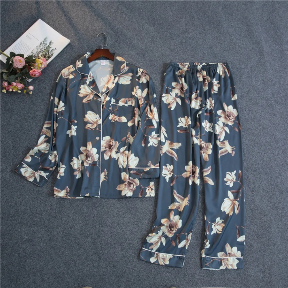 Женский пижамный комплект из двух предметов длинные штаны атласа с шелковым