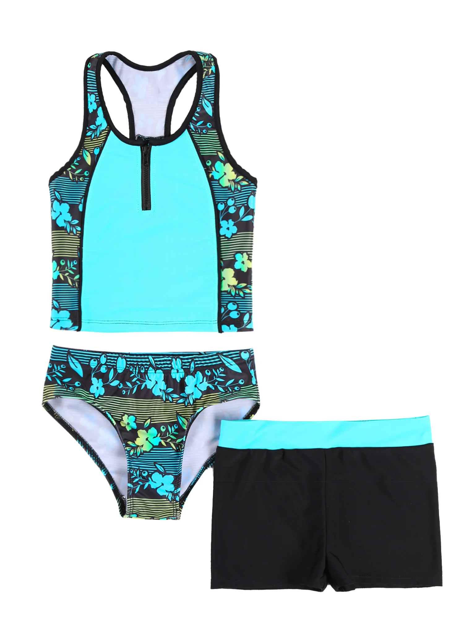 

Kids Girls Beachwear Swimwear Swimsuits Floral Print Sleeveless Racerback Tank Vest Shirt Short and Bikini Triangle Panties