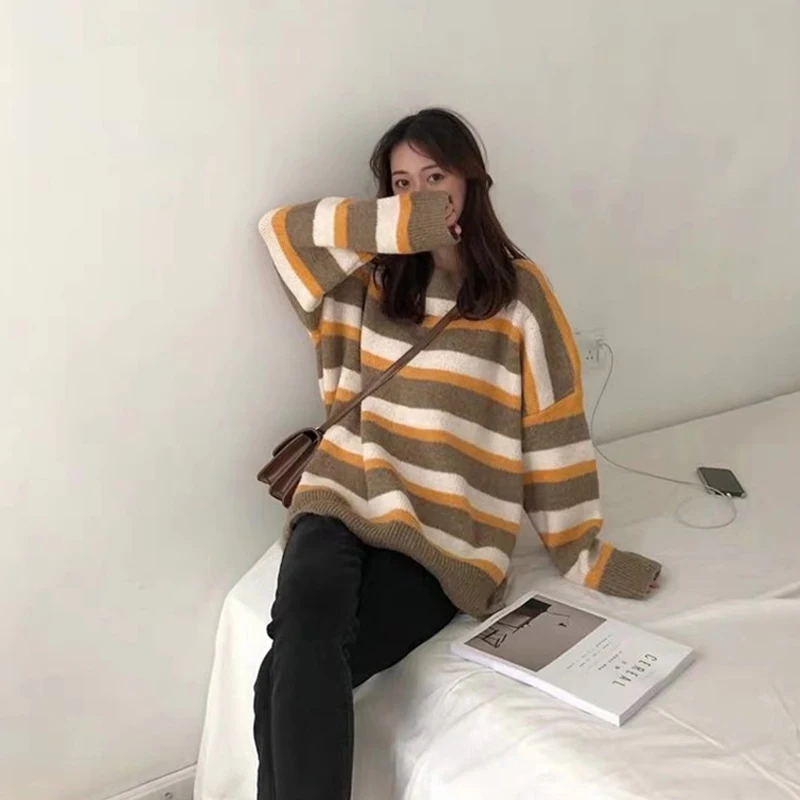 

Women's sweater korean stripe casual kpop Top harajuku vintage dropshipping clothing Knitted Long sleeve oversize kawaii clothes