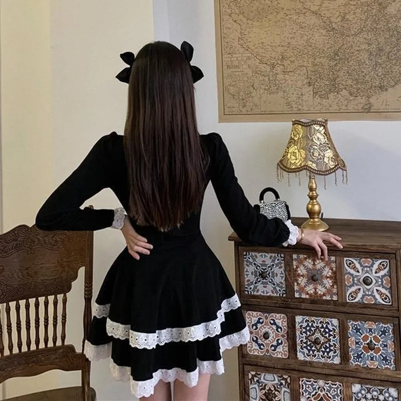 

Black Vintage Dress Women Bow Designer French Style Lack Patchwork Full Sleeve Slim Mini Dress Chic 2021 Autumn Women's Clothing
