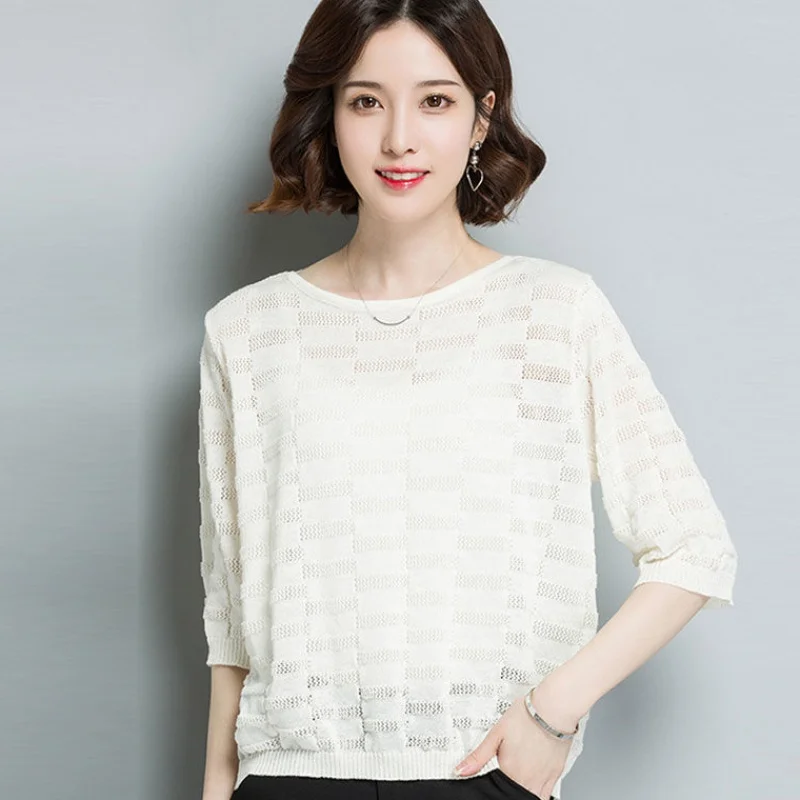 

T Shirt Women Summer 2020 New Solid Color Loose Plus Size S-3XL Hollow Out Knitted Round Neck Half Sleeves Sweet Tee Tops Female