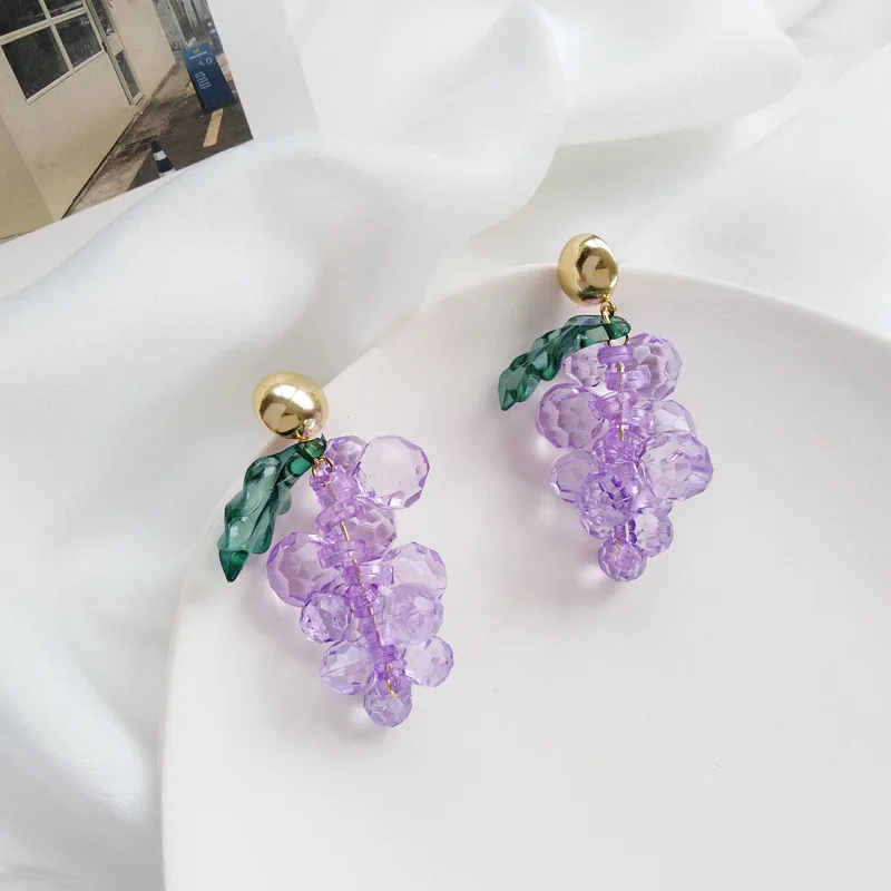 

925 Silver Needle Fruit Drop Earring Hot Selling Popular Style Resin Beads Purple Grape Dangle Earrings Women Jewelry Party Gift