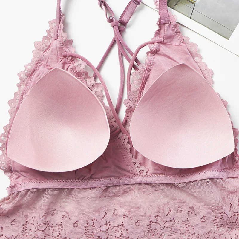 

ATHVOTAR Women Lace Sexy Bralette Top Bra V-neck Cross Straps Push Up Beauty Back Brassiere Backless Padded Female Bralette Top