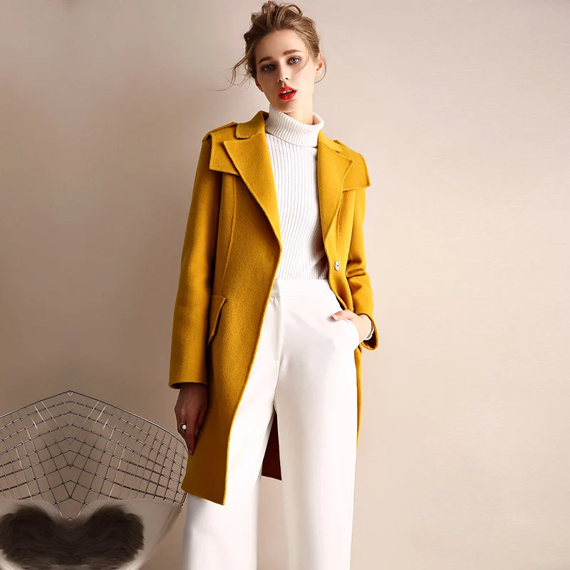 

women s winter coat lemon color Double sided wool cashmere outwear 2019 autumn plus size ladies fashion overcoats free ship