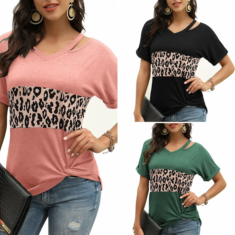 

Women Leopard Print Patchwork Short Sleeve V Neck T-Shirt