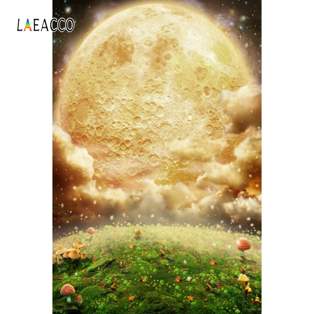 Laeacco страна чудес луна облака луга гриб фотография фоны для новорожденных фон