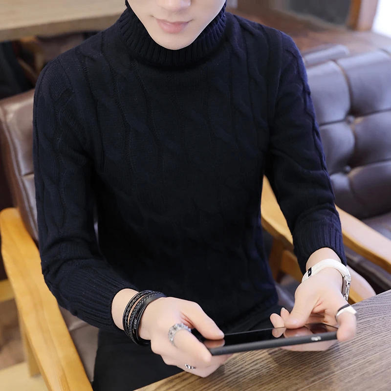 Мужской облегающий свитер водолазка клетчатый вязаный пуловер повседневный