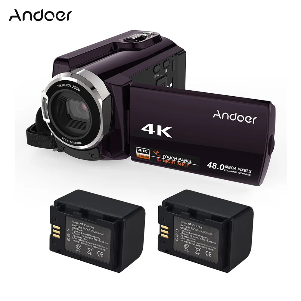 Цифровая видеокамера Andoer 4K 48 МП Wi Fi 1080P Full HD 3 дюймовый емкостный сенсорный экран