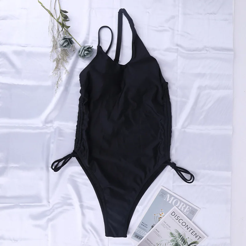 

Rivertrip One Shoulder One Piece Swimsuits Women's Swimwear 2021 Cut Out Bathing Suits High Cut Bodysuits String Bow Beachwear