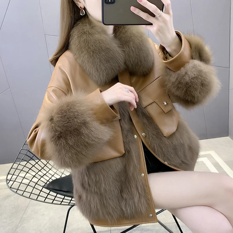 

SHZQ 2021 Новое Женское пальто из лисьего меха, короткое кожаное пальто, зимнее теплое пальто