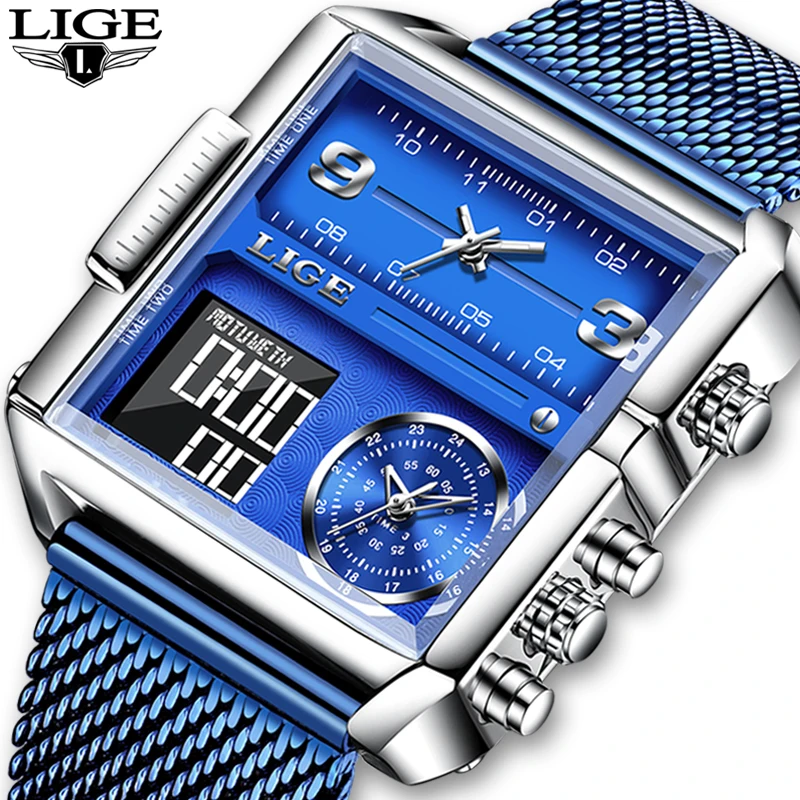 

Часы наручные LIGE мужские электронные, модные спортивные Водонепроницаемые Синие кварцевые, из стали с сетчатым браслетом