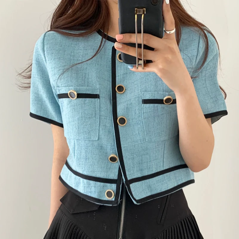 

Женская короткая офисная куртка, однобортная тонкая рубашка контрастных цветов с круглым вырезом, в Корейском стиле, на лето