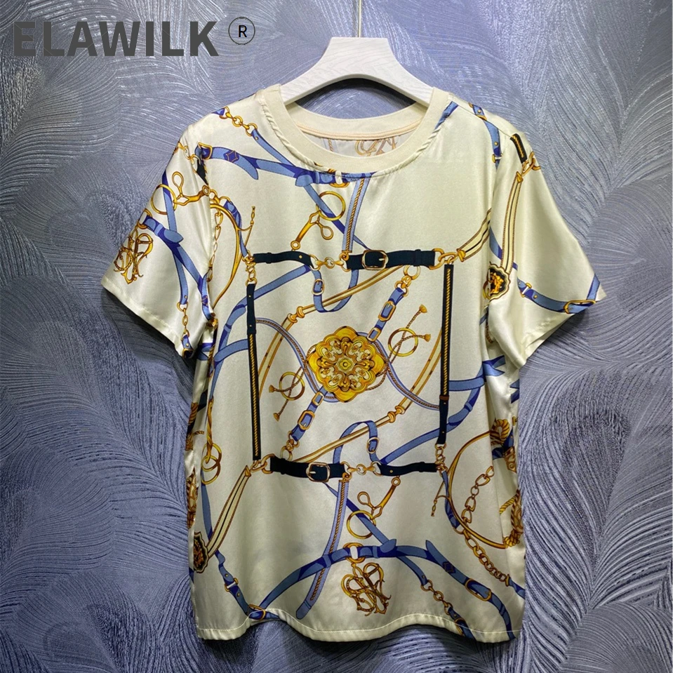 

Summer 2021 New Designer women's High quality 95%Silk retro print T-shirts Top C773