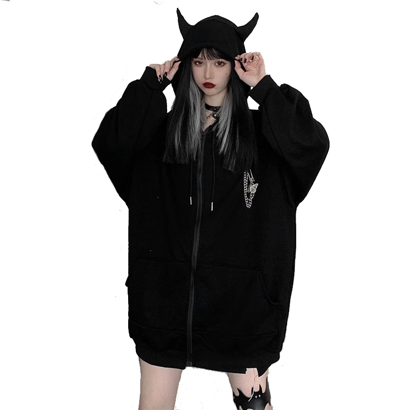 

2021 Autumn Women Hoodies Dark Devil Cosplay Loose Hooded Coat Sweatshirt Girls Gothic Punk Black Pullover Hoodie Zipper Jacket
