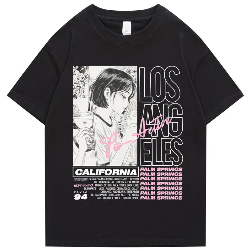 

Men Streetwear Hip Hop Tshirt Anime Girl Smoking Letter Print T-Shirt 2022 Harajuku Cotton Summer Short Sleeve T Shirt Black