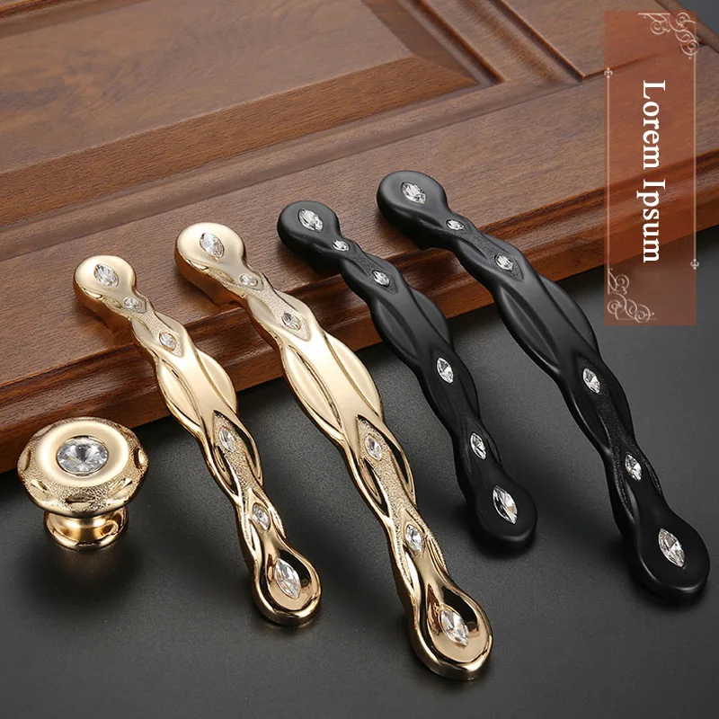 Золотые дверные ручки и для кухонного шкафа цинковый сплав украшенный стразами