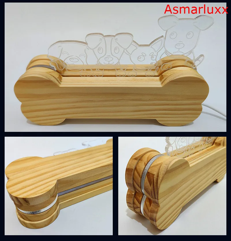 Собака костяная лампа ручная работа складной 3D светодиодный Иллюзия деревянный