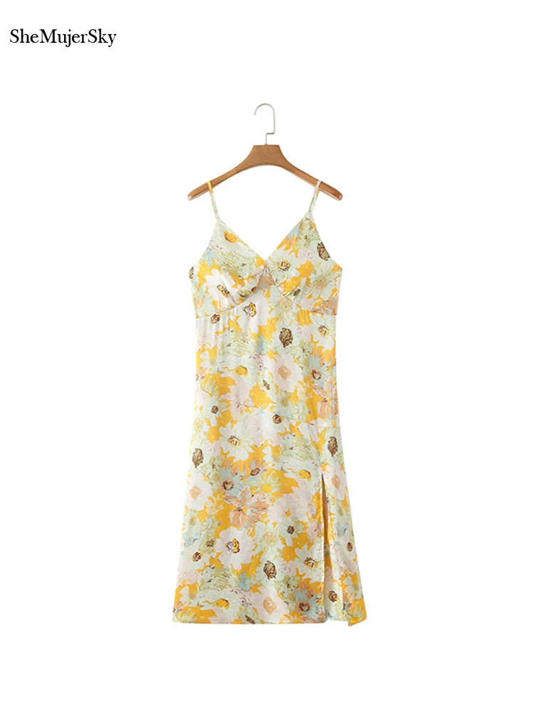 

SheMujerSky Summer Floral Print Spaghetti Strap Dress Women Side Split Holiday Beach Dresses 2022 robe femme