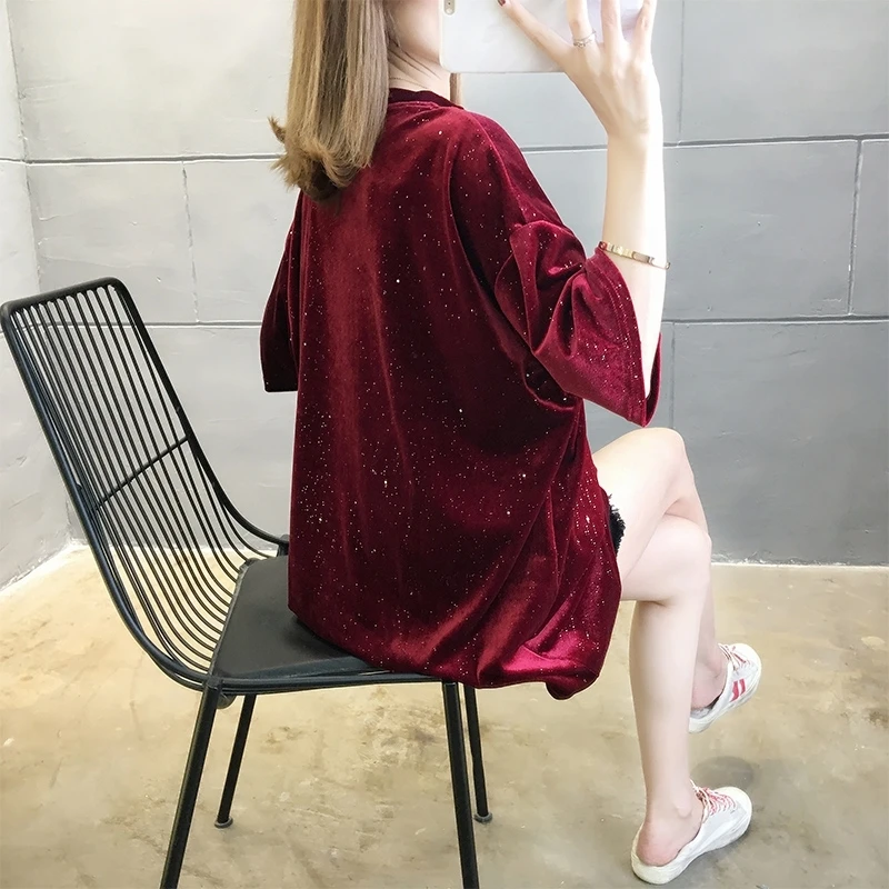 

2021 Summer New Korean Style Gold Velvet Sequined Short Sleeve T-shirt Women's Large Size Loose Harajuku Style Half Sleeve Top