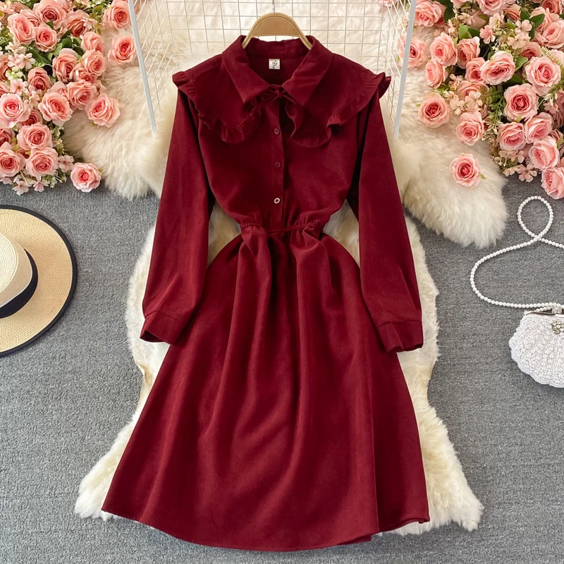 

Женское вельветовое платье средней длины, платье средней длины с длинным рукавом и отложным воротником, Корейская литература, осень 2021