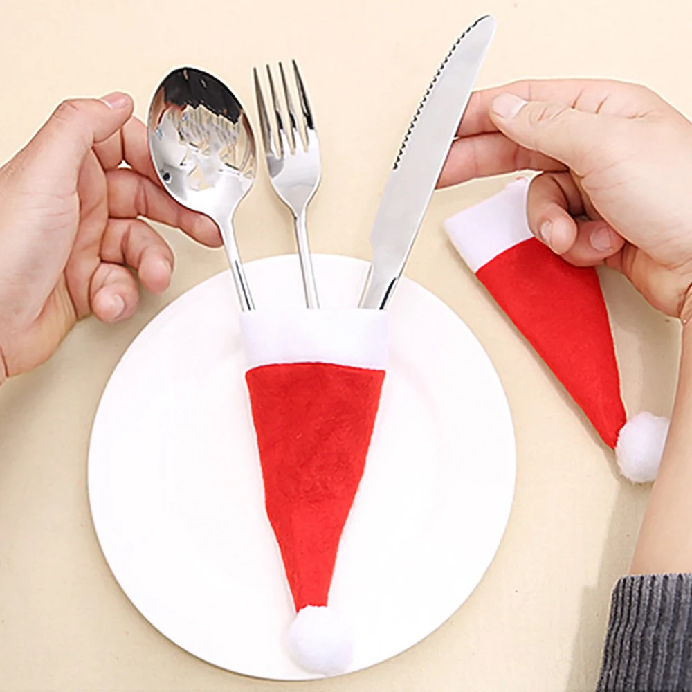 

20Pcs Christmas Tableware Bags Cutlery Holder Mini Santa Hat Holiday Dinner Table Decoration Great for a Merry Christmas Party