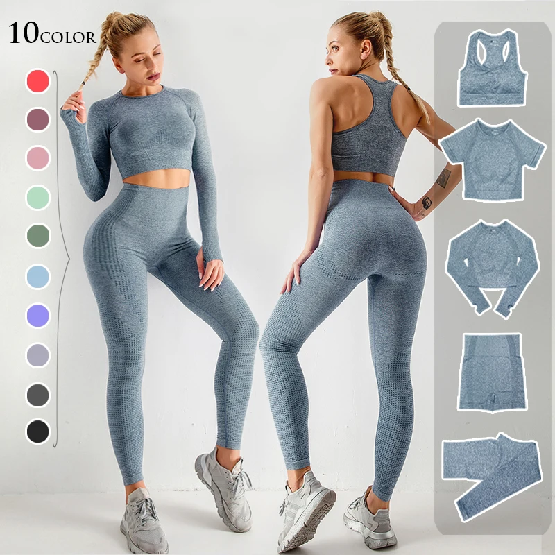 

2/3/5PCS Workout Sportswear Gym Clothing Seamless Women Yoga Set High Waist Leggings Sports Suits Fitness Long Sleeve Crop Top
