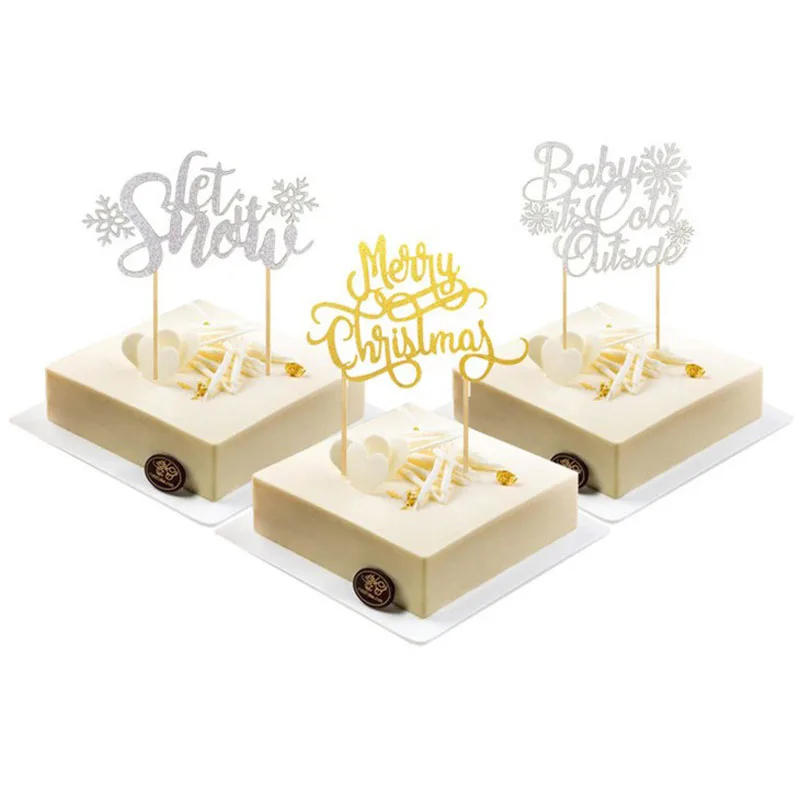 

2 Pcs/set New Let It Snow It Is Cold Outside Merry Christmas Cupcake Toppers Gold Silver Decoration Cake Decoration Supplie