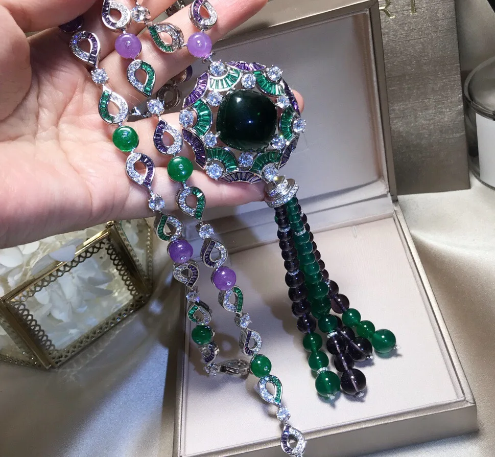 Серебряный Банкетный кулон S925 с зелеными кисточками ожерелье серьги комплект