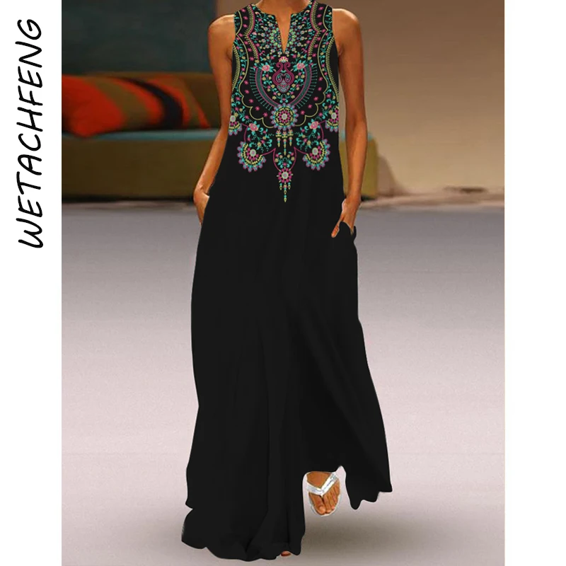 

Женский Сарафан Макси, Черное длинное летнее платье с винтажным принтом, без рукавов, с V-образным вырезом, большие размеры