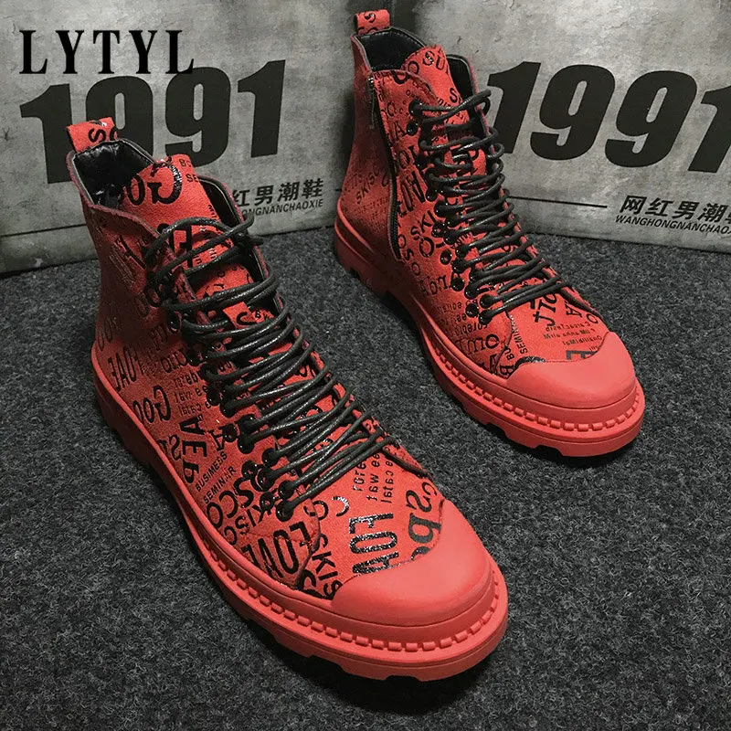 Jual Sepatu Bot Tentara Pria Sepatu Bot Pergelangan Kaki Kasual Sepatu Kulit Tinggi Sepatu Bot Militer Grafiti Hip Hop Merah Pria Sepatu Sneakers B4-259