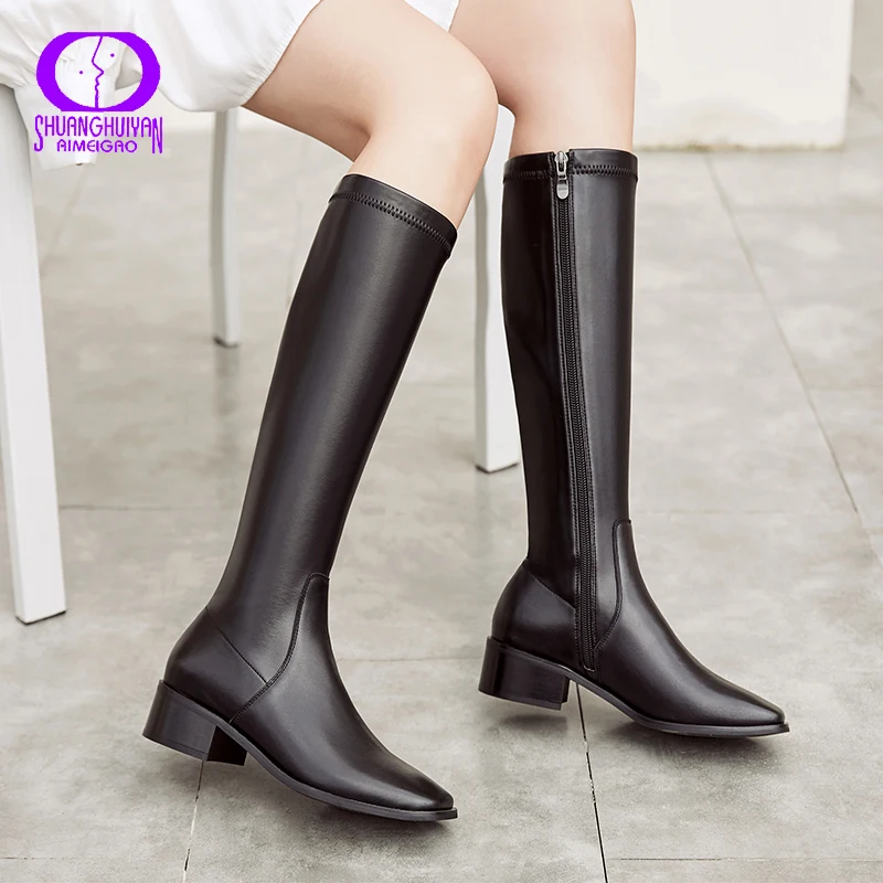 Женские сапоги из натуральной кожи AIMEIGAO черные до середины икры с квадратным