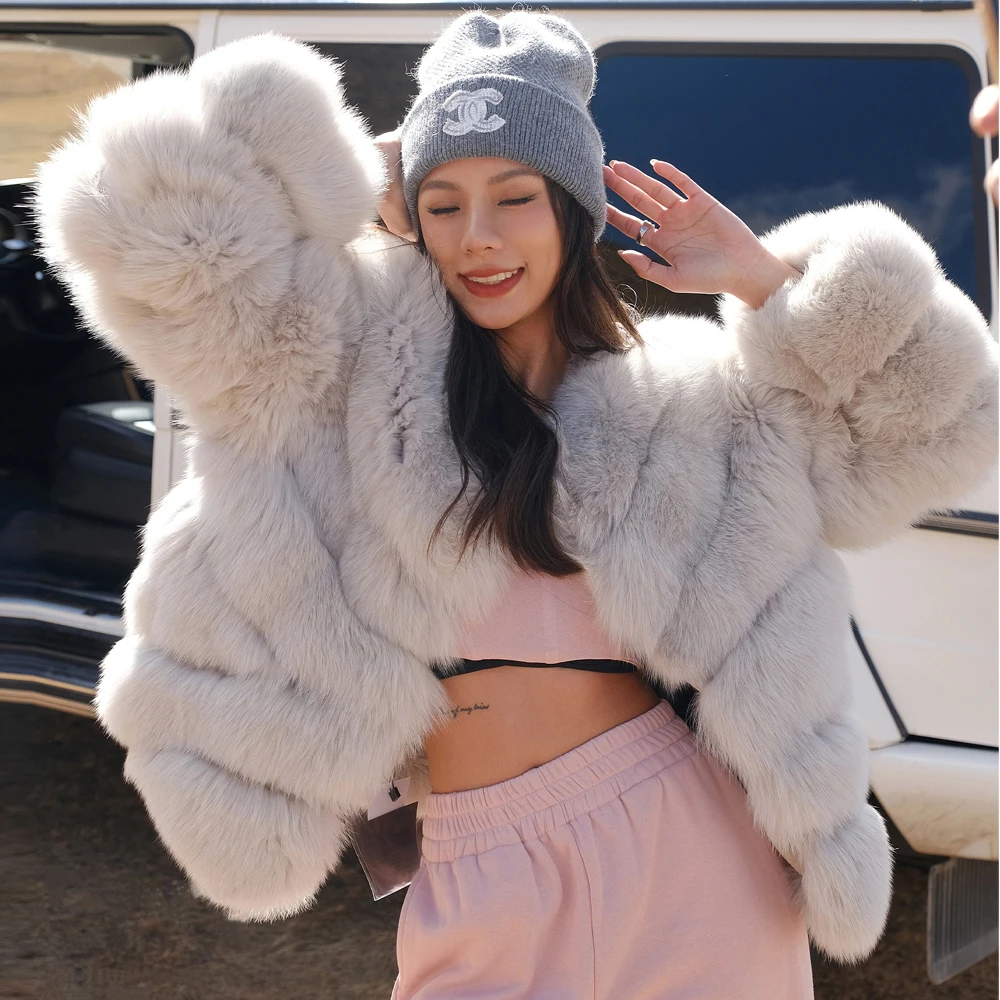 High Quality Women Real Fox Fur Coat Round Collar Winter Fashion Whole Skin Genuine Fox Fur Jacket Woman Natural Fur Overcoats