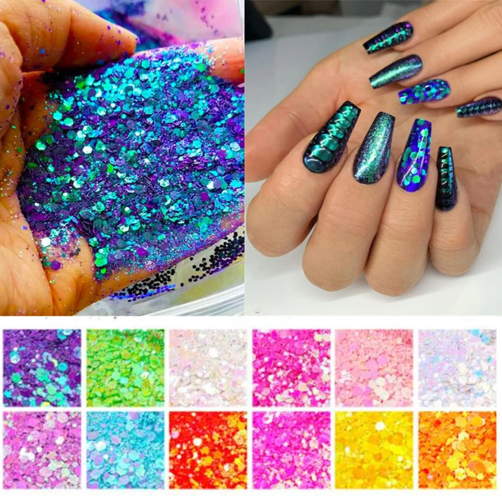 

50g 0.2-3mm NAIL Chameleon&Holographic Chunky Glitters Powder Accessories Color Change Sequin,Chameleon Glitter For Nails, Y4-61