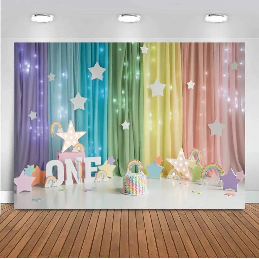 

Rainbow Curtain 1st Birthday Party Photo Background Decoration Colorful Rainbow Newborn One Birthday Backdrop Stars Photography