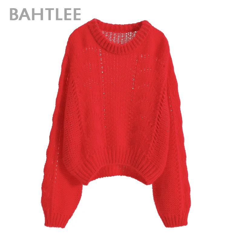BAHTLEE Women Mohair Short Pullover Sweater Lantern Sleeves Autumn Winter Wool Knitted Jumper Loose Hollow out | Женская одежда