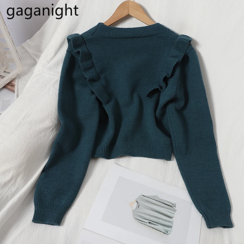 GAGANIGHT Sweet Cropped Cardigan Solid V-neck Stringy Selvedge Knitted Girls Autumn Winter Korean Fashion Outwear Tops |