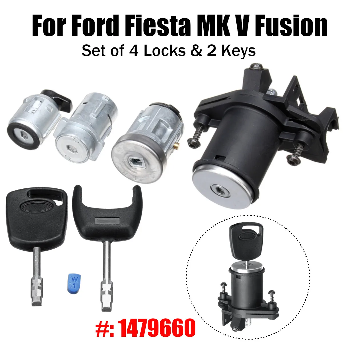 

Set of 4 Lock Door Ignition Barrel with 2 Keys 1479660 For Ford Fiesta MK V Fusion