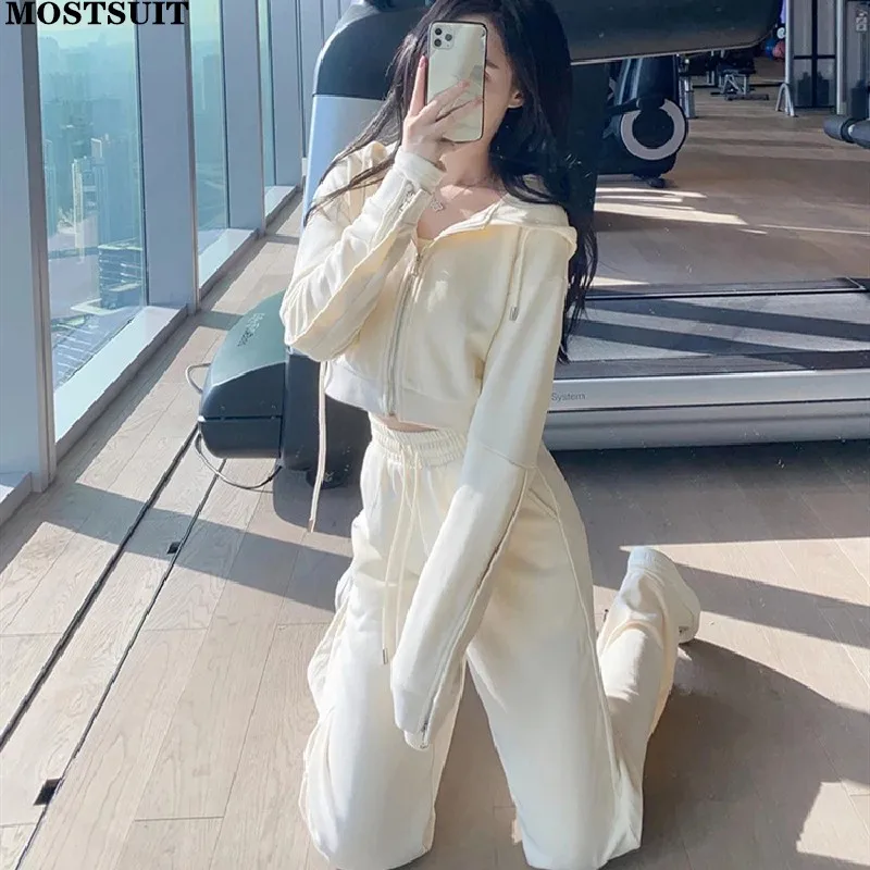 

Streetwear Chic Sport Tracksuits Women Sets Spring Autumn Hooded Crop Tops & Wide Leg High Waist Pants Set Solid Fashion Set