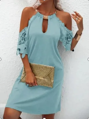 

Elegant Halter Short Sleeve Loose Solid Color Ladies Dress Sexy Strapless Hollow Out Mini Dress New Summer Women Dresses Vestido