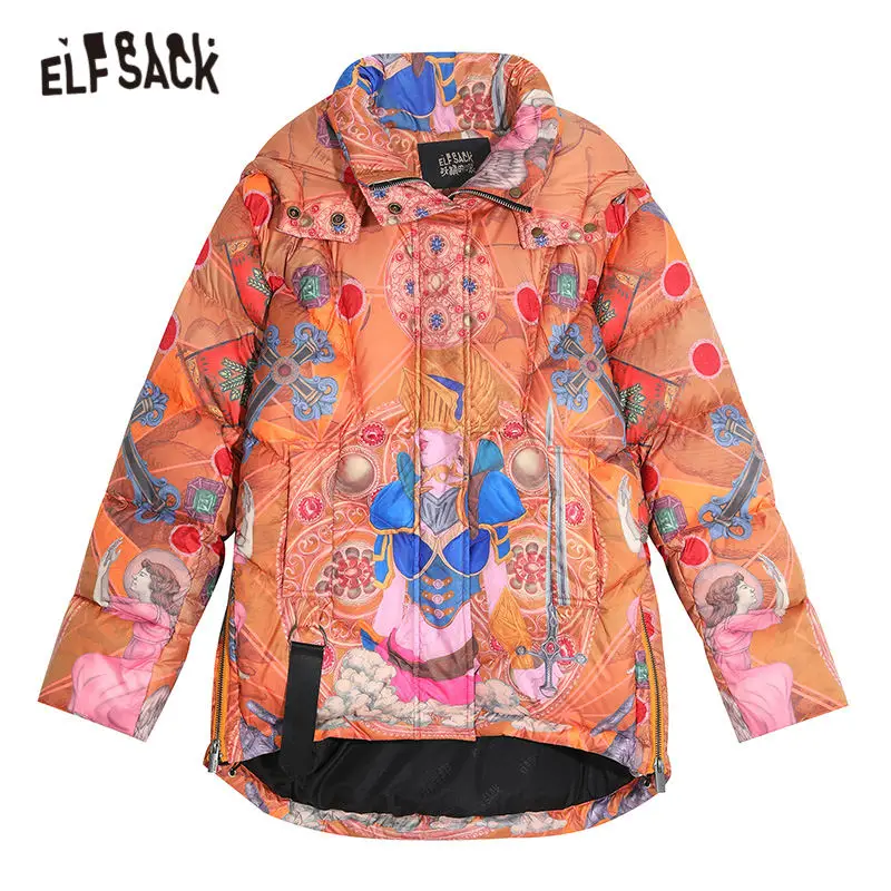 ELFSACK, оранжевый, цельный, прямой, теплый, пуховик для женщин,, зима, новинка, длинный рукав, повседневная, офисная, для девушек, базовая верхняя одежда