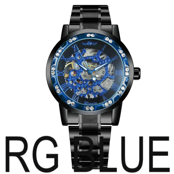 RG BLUE WINNER модные деловые механические мужские часы от ведущего бренда, роскошные часы со скелетонным циферблатом и кристаллами, наручные часы, Лидер продаж - Цвет: RG BLUE