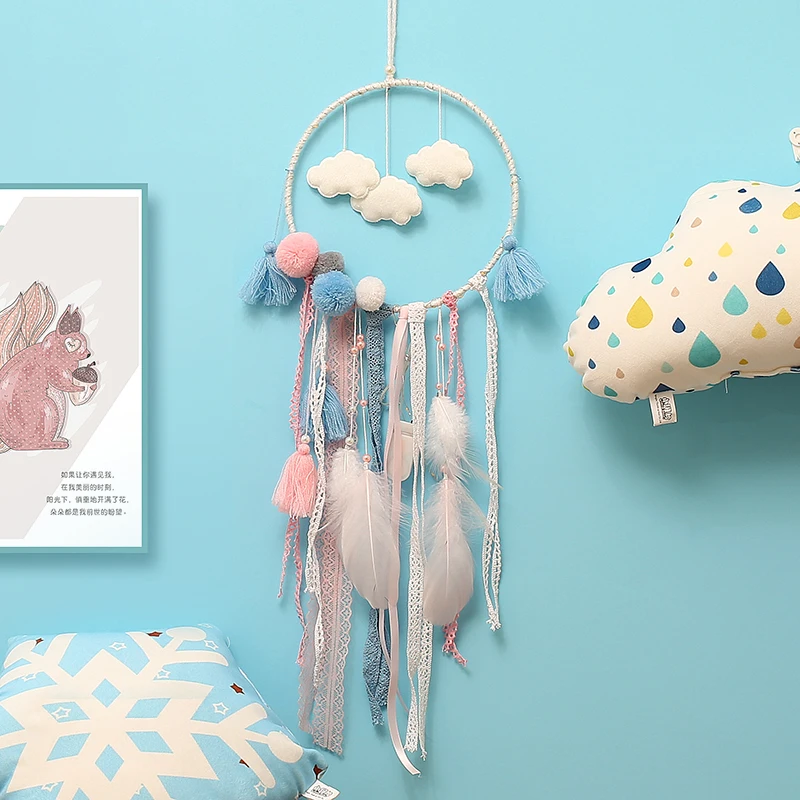 

2023 Creative Handmade Cloud Feathers Dream Catchers Nordic Kidsroom Dreamcatcher Decoration Baby Nursery Wind Chimes Decor