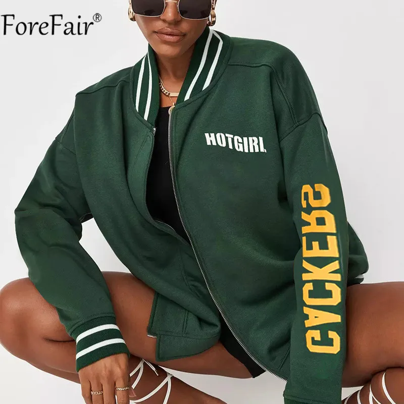 

Forefair 2021 зеленые большие бейсбольные куртки Varsity для женщин осень-зима с длинным рукавом Y2K на молнии винтажное пальто Свободное повседневно...