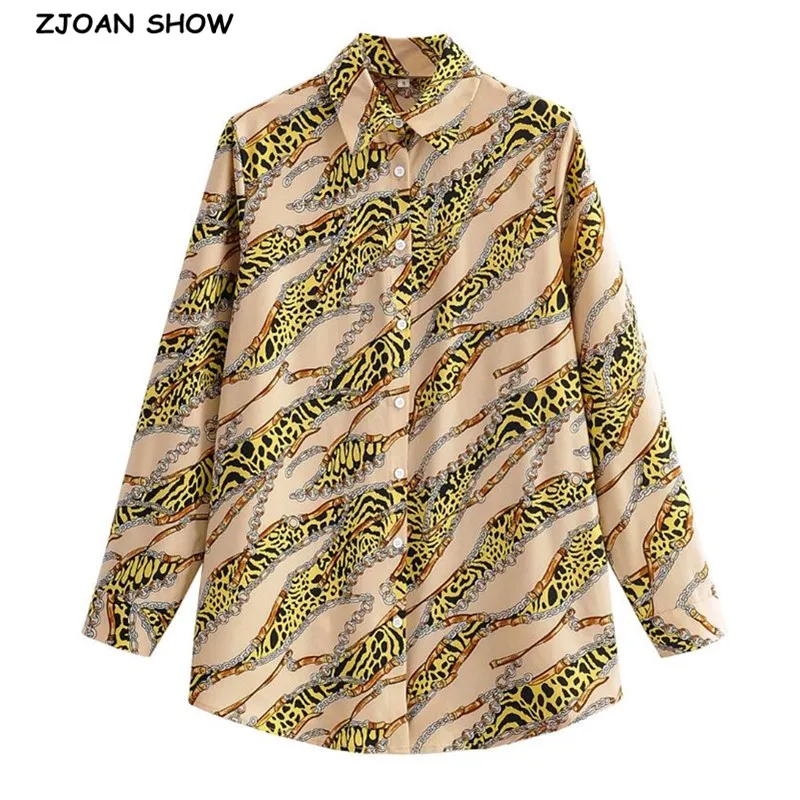 

2021 Vintage Autumn Leopard Chain Print Shirt CHIC Women Lapel Single-breasted Button Long sleeve Blouse Loose Tops