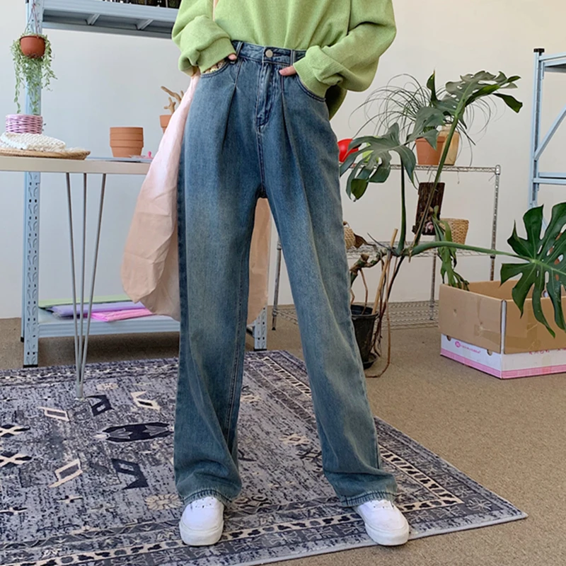 Уличная Высокая талия женские модные джинсы прямые брюки винтажные | Женская