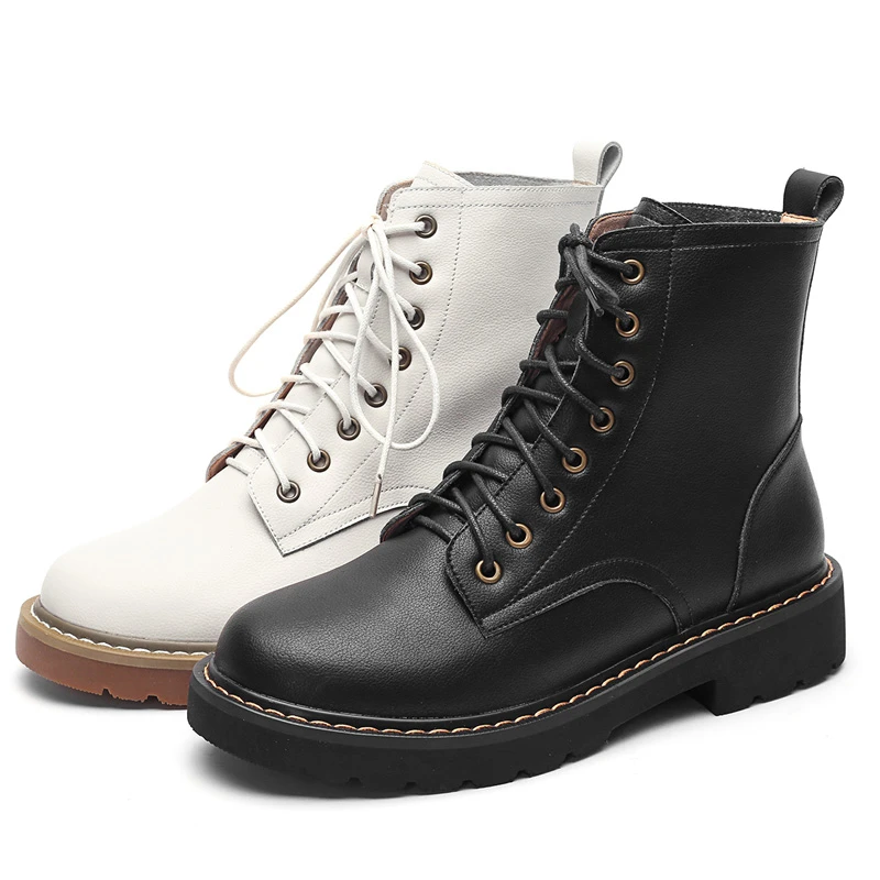 

Genuine Leather Martin Boots Women 2020 Autumn Winter Woman Low Heels Shoes A299 Fashion Ladies Lace Up Beige Black Ankle Boots