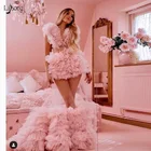 2020 милое розовое Многоярусное Тюлевое вечернее платье, модные длинные вечерние платья-пачки с оборками, сексуальное прозрачное платье с V-образным вырезом для выпускного вечера, на заказ