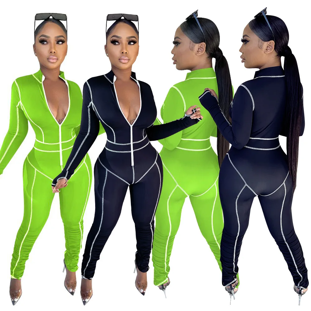 

Autumn Striped Sporty Jumpsuit Tracksuit Long Sleeve Zipper Jogging Romper Outdoor Sports Casual Fitness One Piece